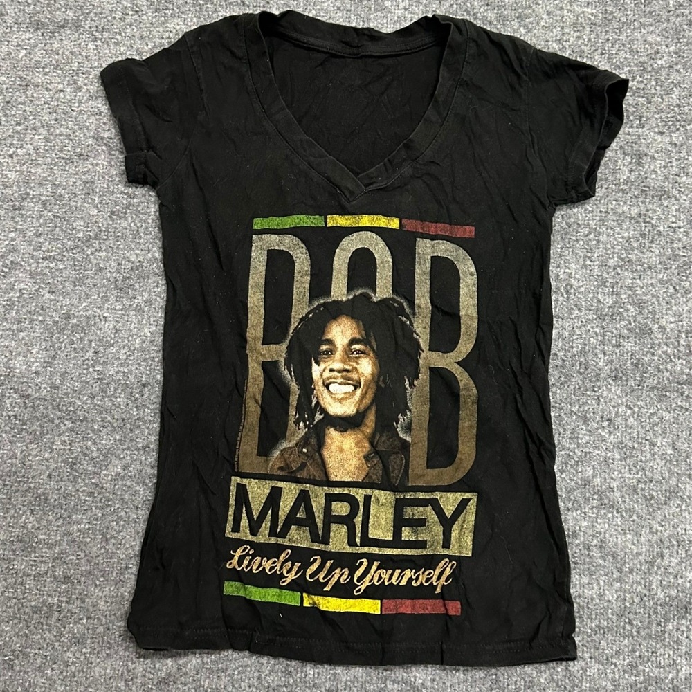 Bob Marley T-Shirt Womens Size S Black Graphic V-Neck Lively Up Yourself Slim